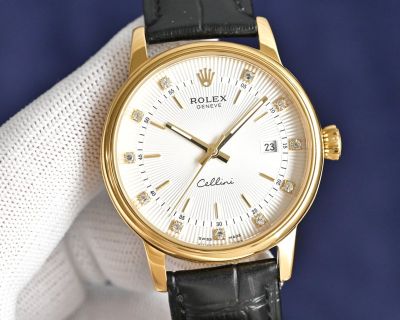 Rolex Geneve Cellini YG Case White/Gold Face 8215 Movement 40mm 316L Steel 48h Leather Band Watch